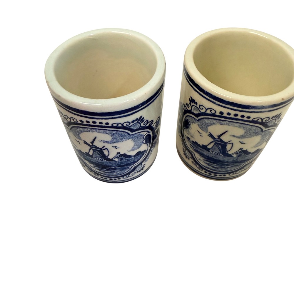 Delft Shot Glasses Set of 2 Blue White Hand Painted Holland Windmill Ceramic
